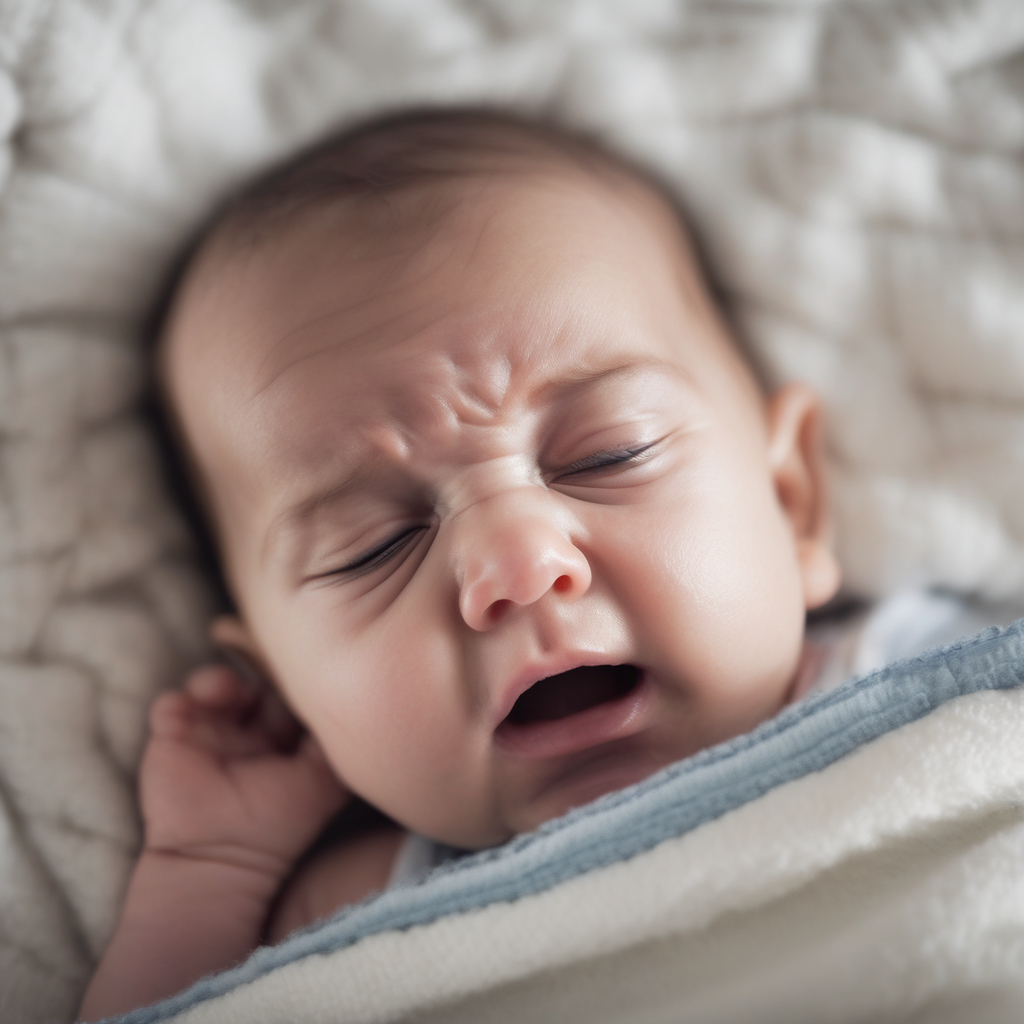 A restless baby tossing and turning in a crib, with furrowed brows and a slight frown, indicating discomfort or difficulty sleeping.