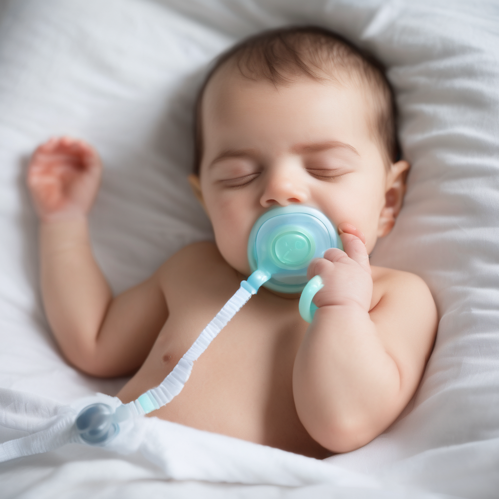 A peaceful baby sleeping soundly with a pacifier in their mouth, lying on their back with a soft blanket draped over them