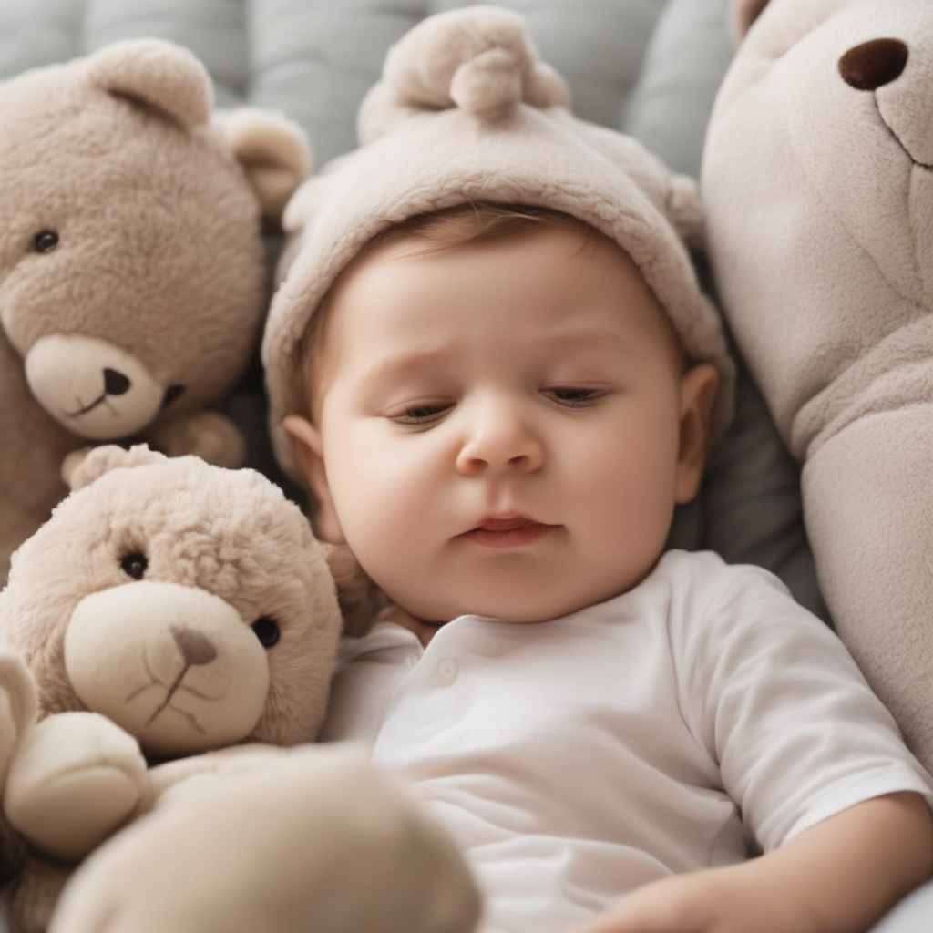 A joyful baby surrounded by colorful stuffed toys