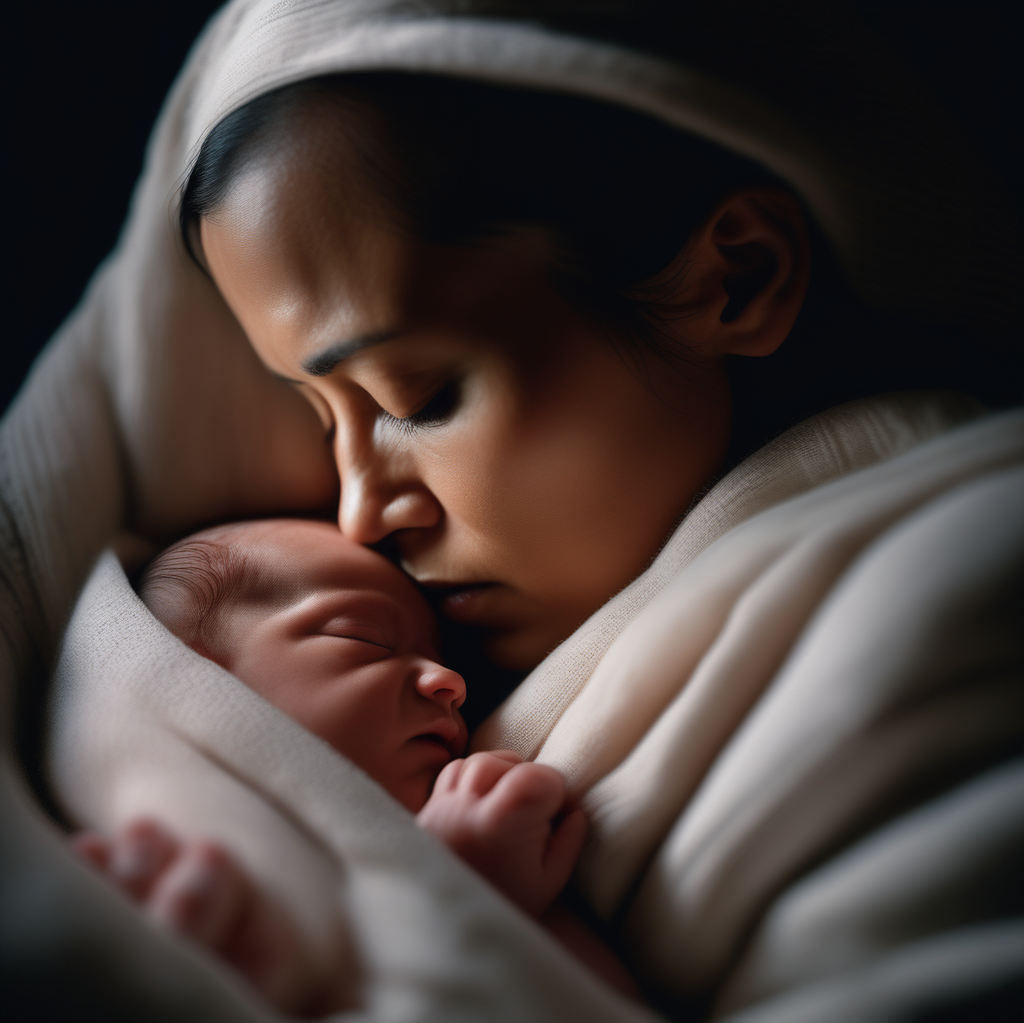 A tender moment captured as a newborn baby sleeps soundly in their mother's arms, both bathed in the soft glow of moonlight filtering through the window. The mother's gentle embrace provides comfort and security to the sleeping infant, highlighting the profound bond between parent and child