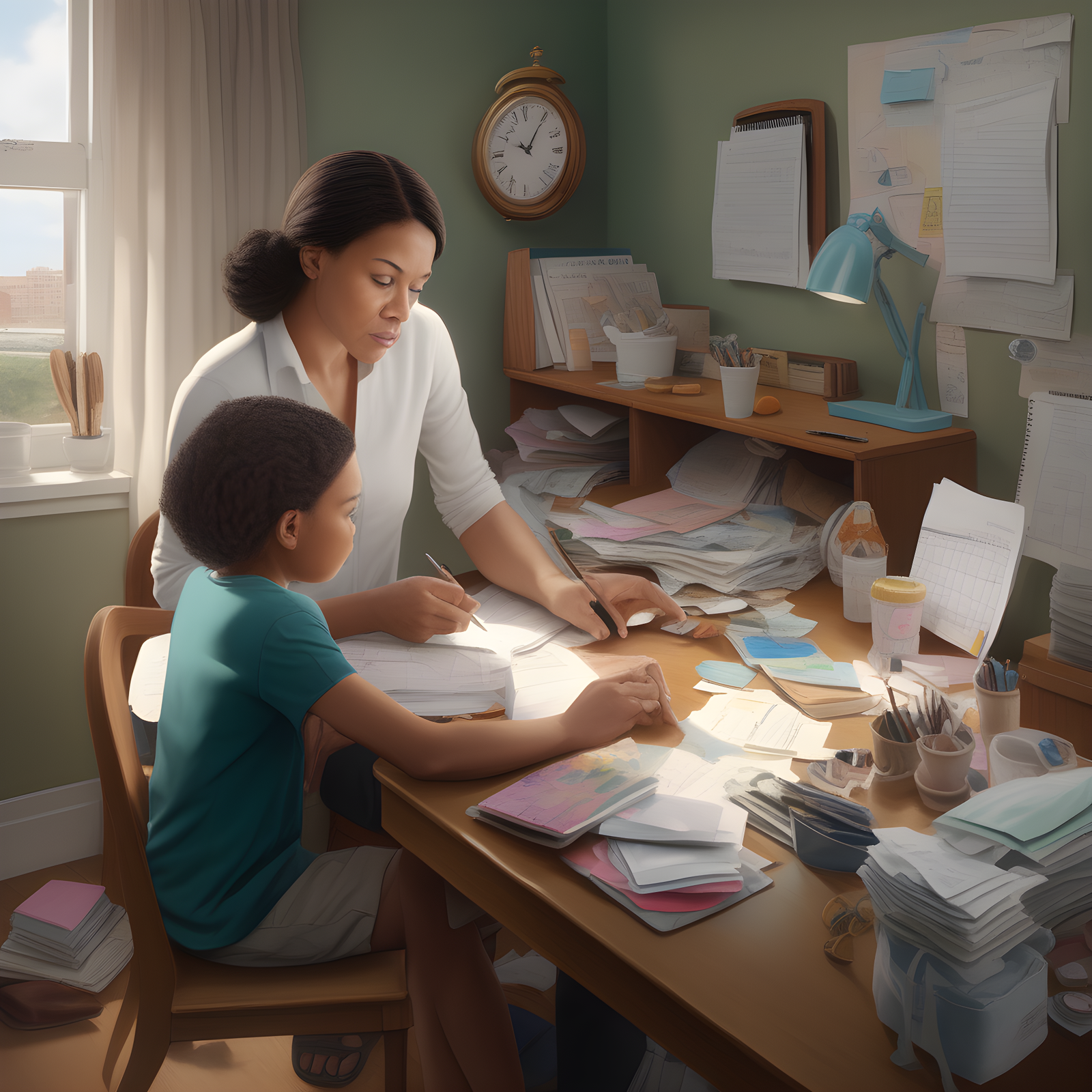 A mother sits at a table with her child by her side, surrounded by scattered papers. She appears overwhelmed as she attempts to manage her time while also caring for her little one