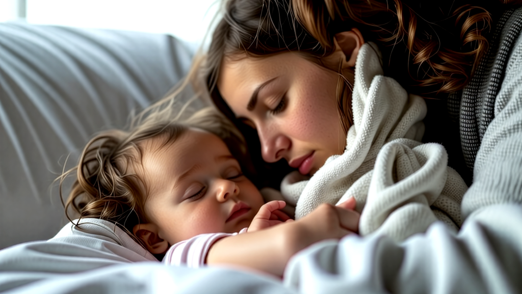 Mom is sleeping with a sick baby to make him comfortable with her love